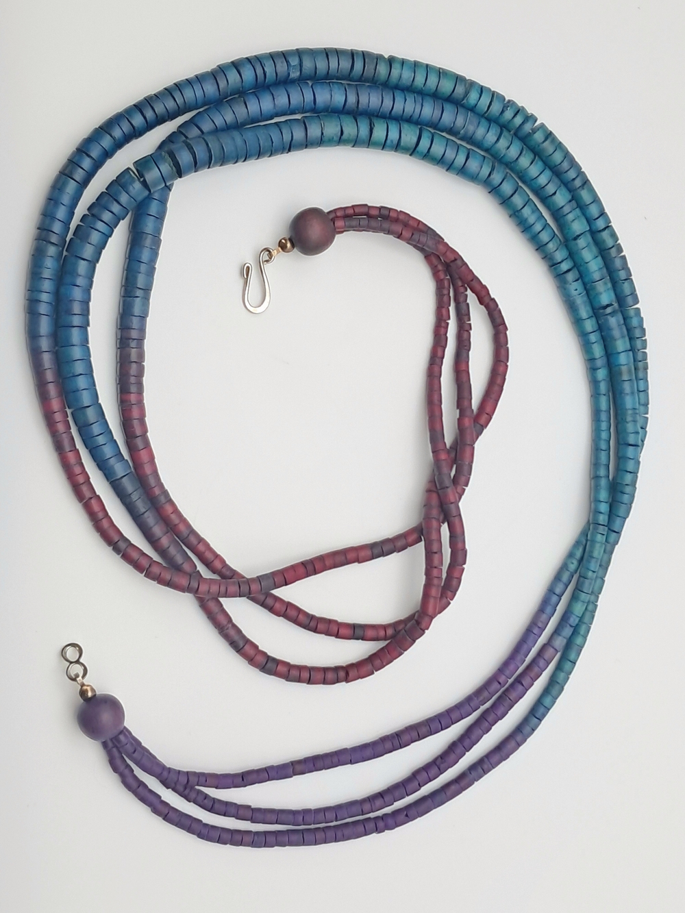 Vintage Ombre Wood Bead Necklace in Purple, Teal and Red Handmade 90s Jewelry